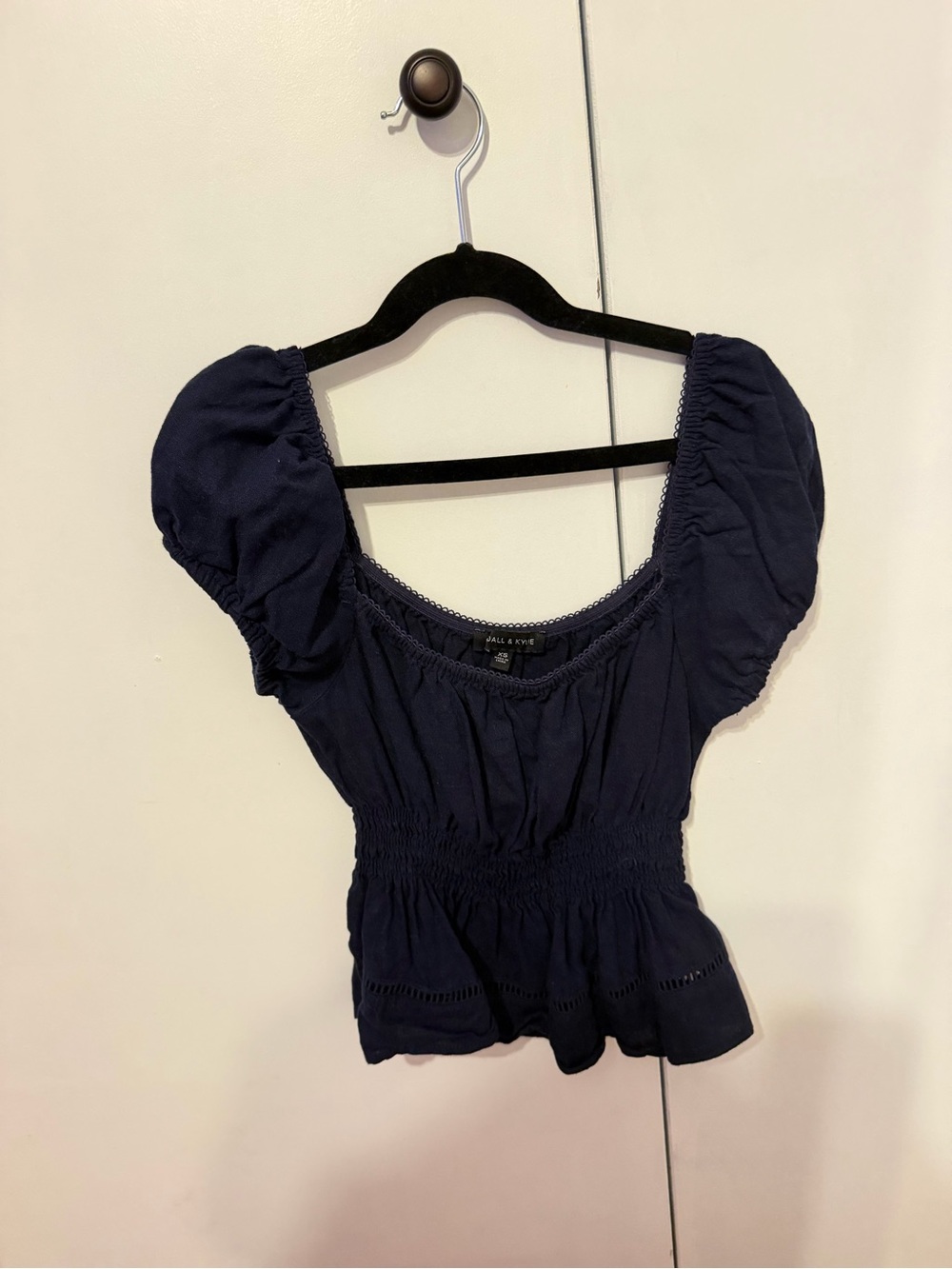 Kendall & Kylie Navy Puff Sleeve Smocked Peplum Top